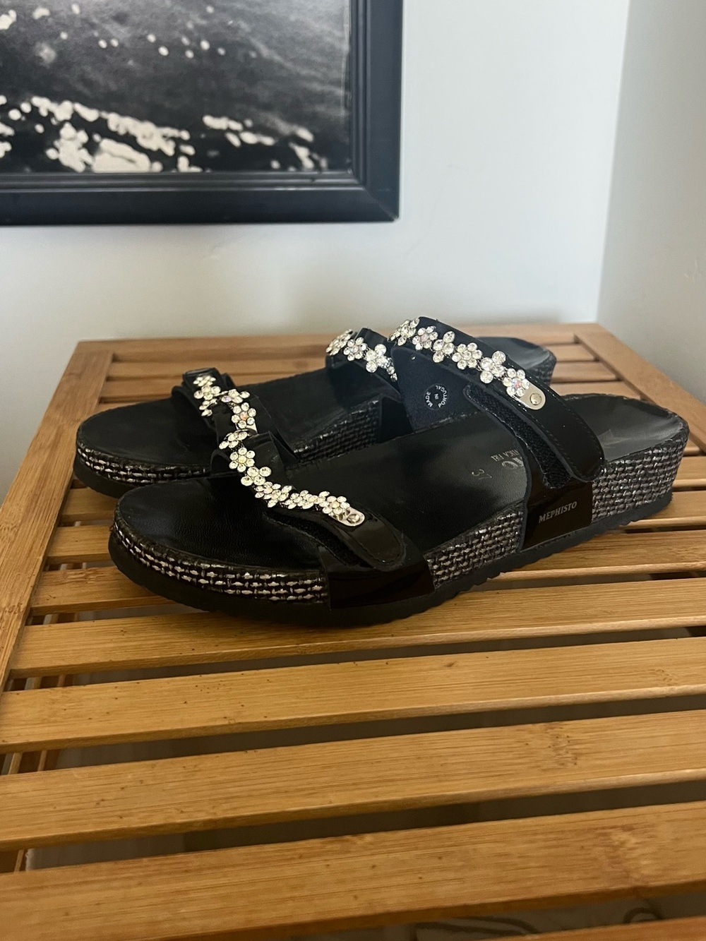 Mephisto Black Jeweled Double-Strap Slide Sandals